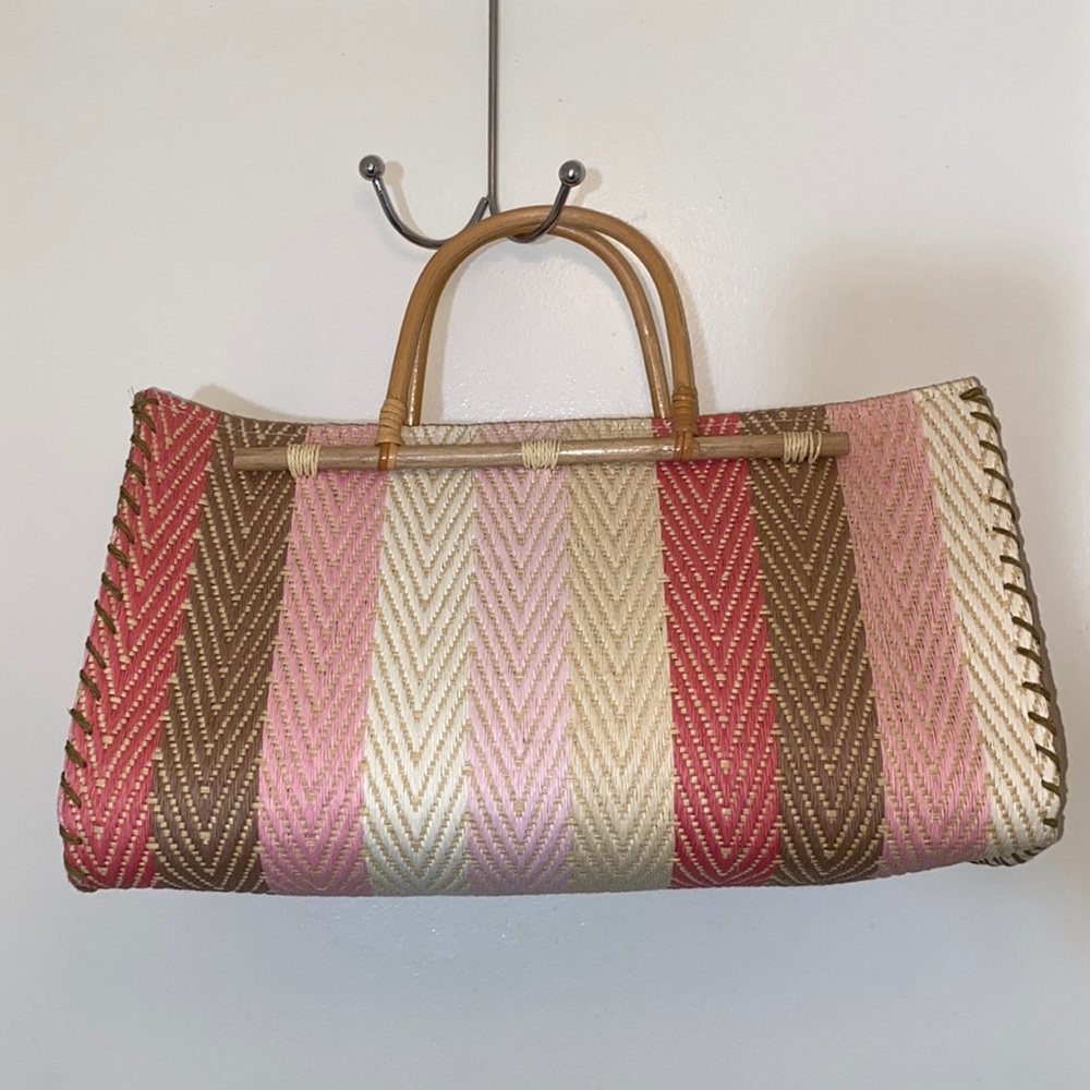Straw Striped Bamboo Handle Purse - Picture 2 of 8